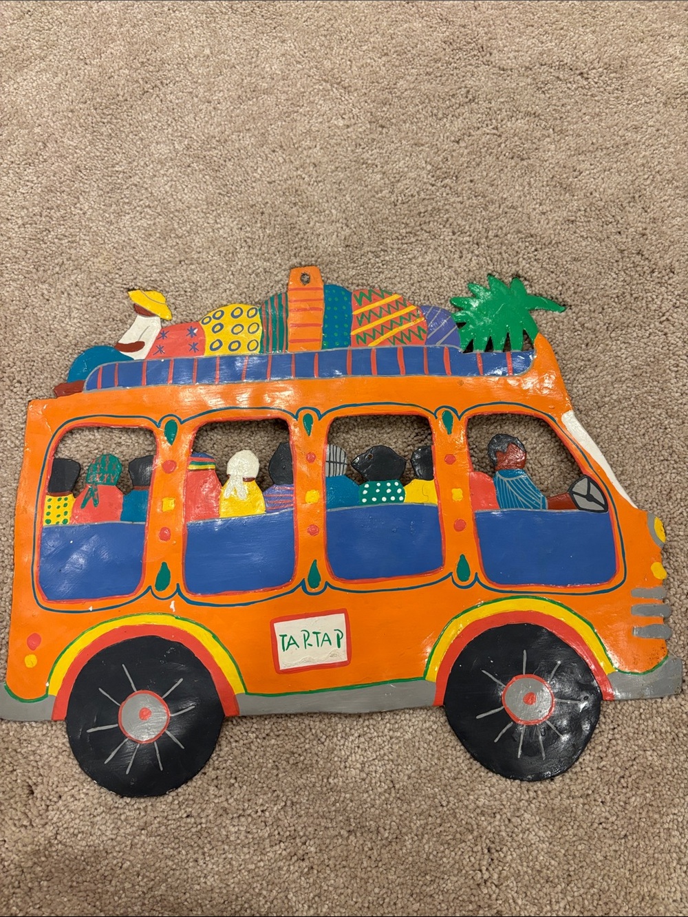 Vintage 80’s Haitian folk art Painted metal colorful TAP TAP bus motif sculpture
